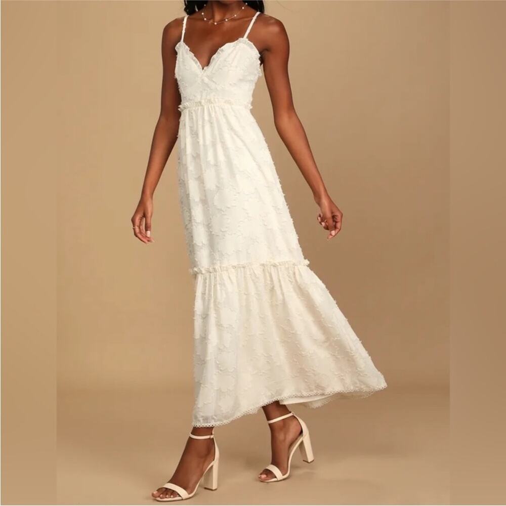New Lulus Cream Charm and Charisma Floral Burnout Gingham Tiered Midi Dress XS